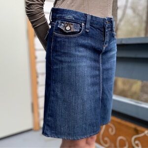 Paige Fairfax jean mini skirt, embroidered flap pockets, size 27